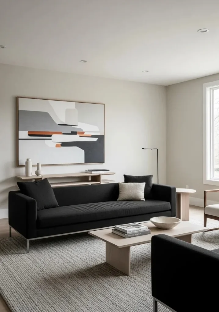 Minimalist modern living room with black couch.
