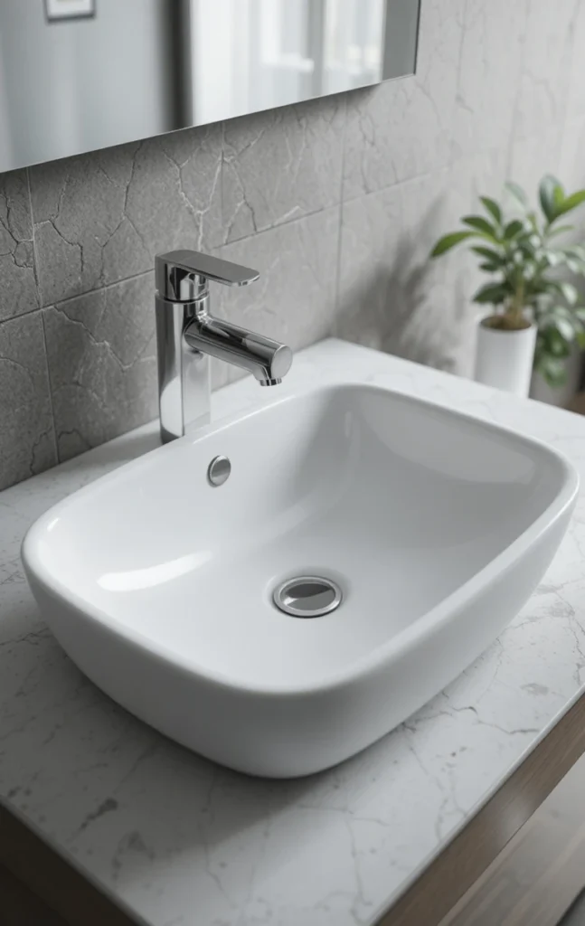 Smart bathroom sink with touchless faucet for convenience.