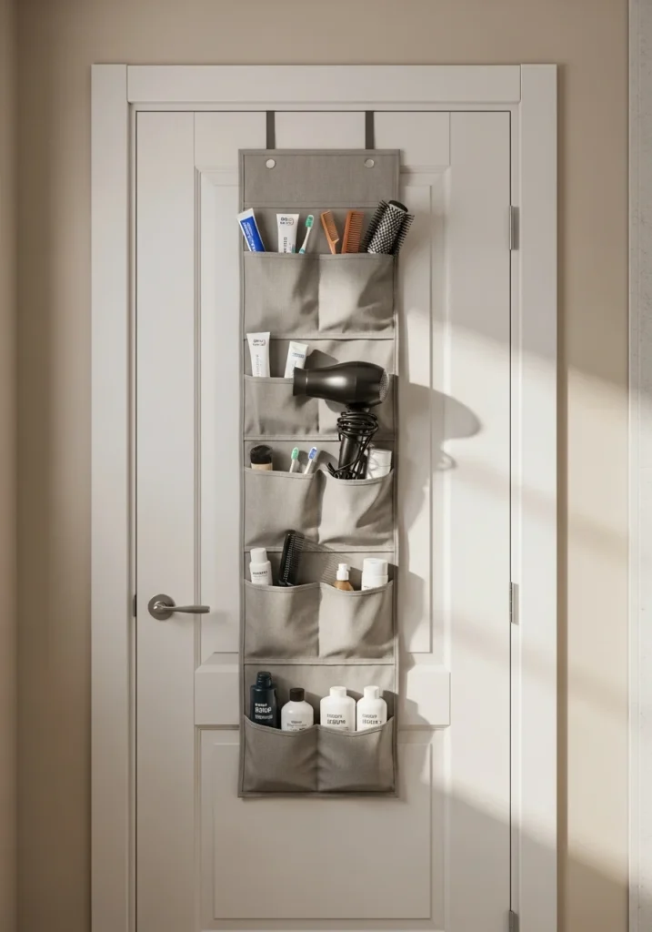 Over-the-door bathroom organizer holding toiletries in small space