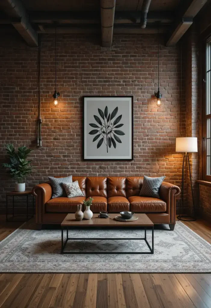 Living room with exposed brick accent wall and industrial decor