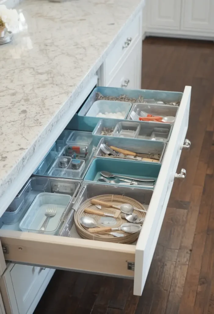 Organized kitchen island with storage compartments.