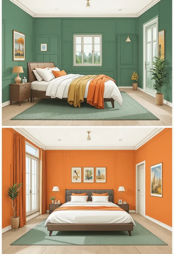 Small vs. large green and orange bedroom showing scaled color intensity.