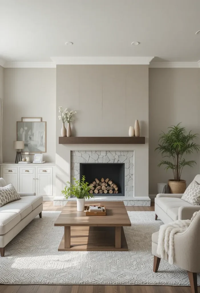 Accent-colored fireplace wall creating contrast in a living room.