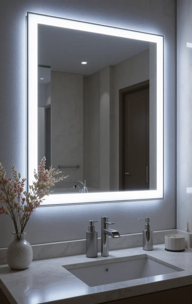 Bathroom vanity featuring built-in LED lighting for mirror and counter.