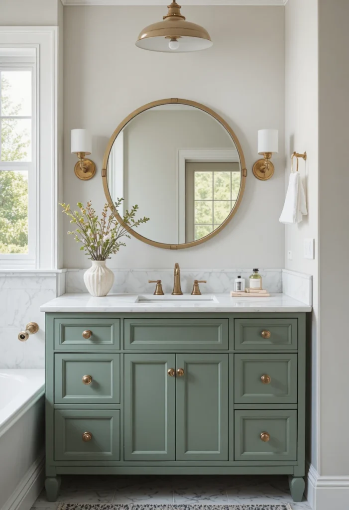 Sage green bathroom vanity with brass handles and marble countertop.