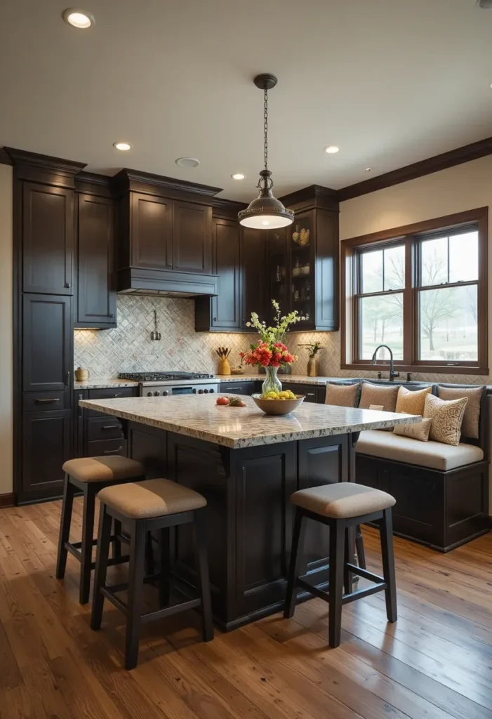 L-shaped kitchen island seating maximizing space in a small kitchen layout.