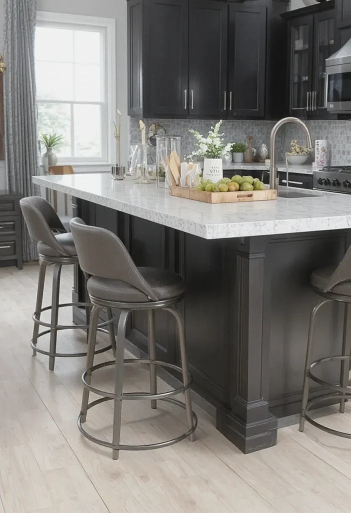 Swivel stools at a kitchen island designed for social interaction and easy movement.