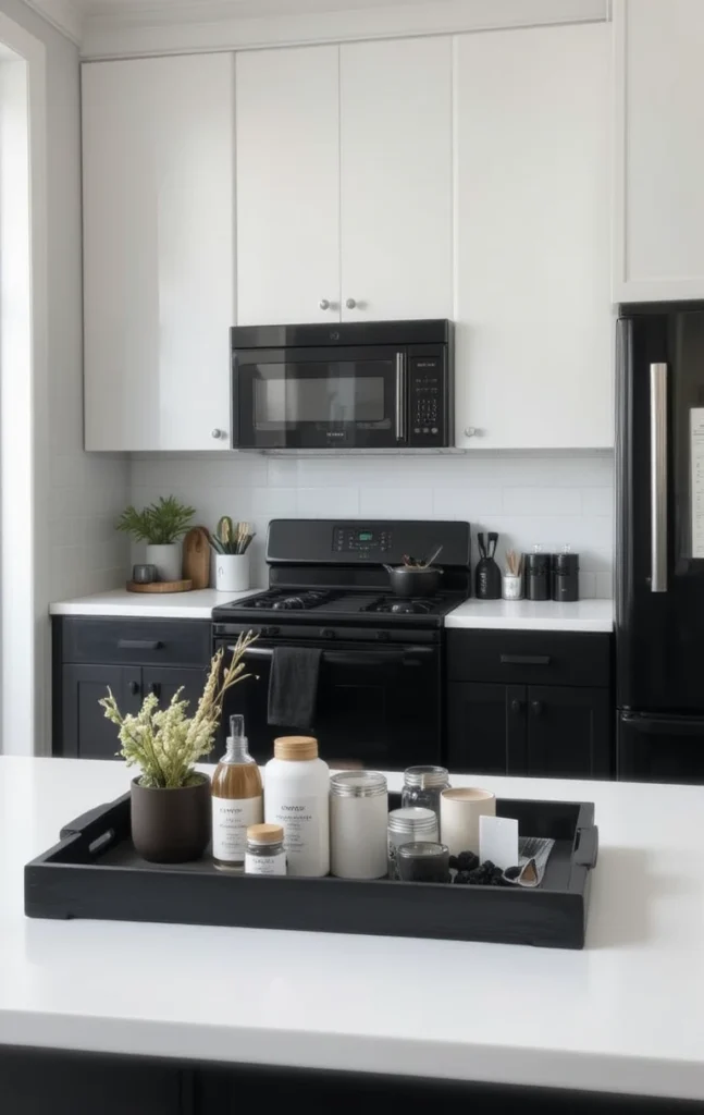 Clutter-free kitchen with black appliances and clean countertops.