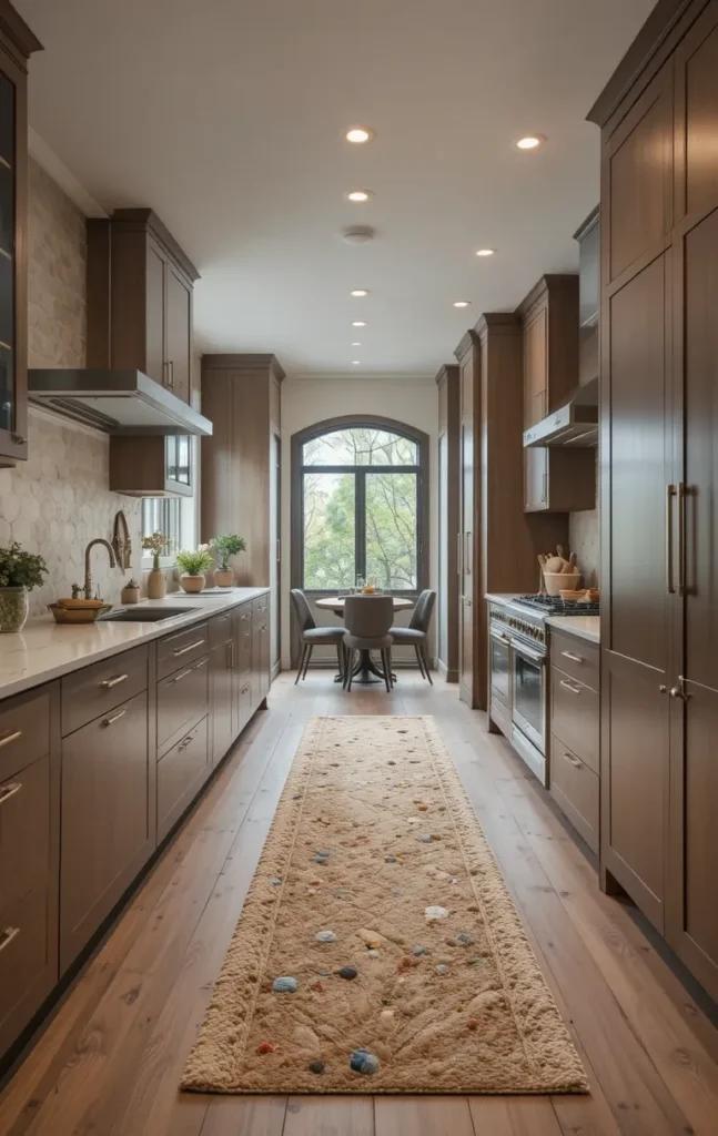 Runner rug in a long kitchen to add warmth and comfort while working