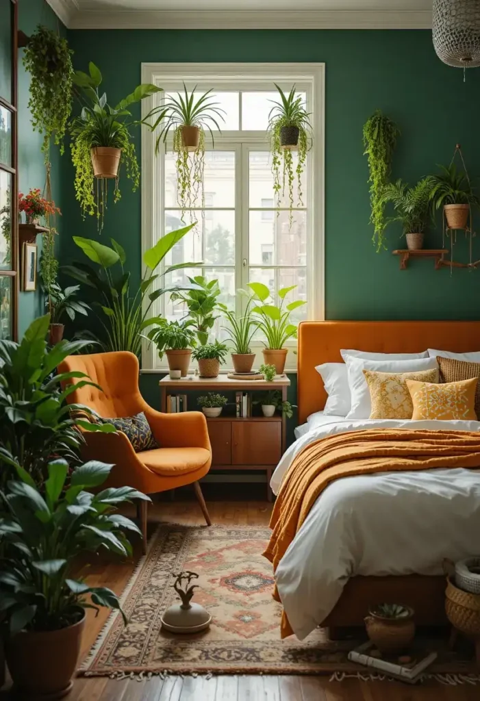 Indoor plants visually connecting green and orange elements in a bedroom.