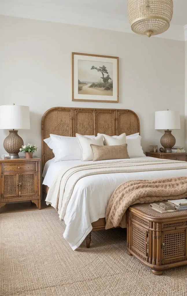 Beach bedroom featuring rattan and woven furniture for natural texture.