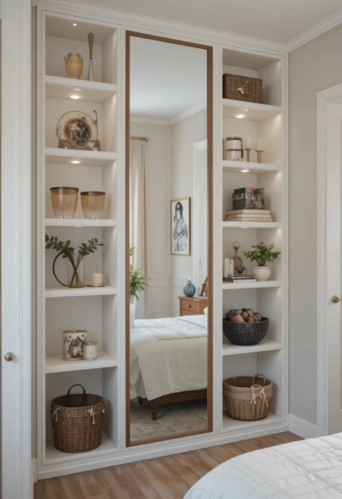 Mirror with shelves in a bedroom for storage and decorative functionality
