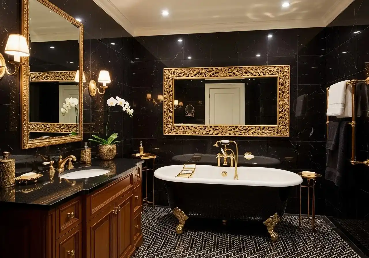 Black and gold bathroom decor full look