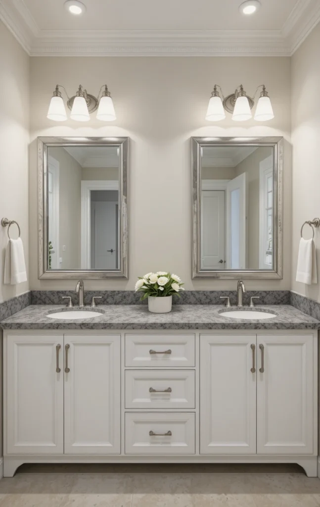 Double bathroom sinks providing space for shared use.