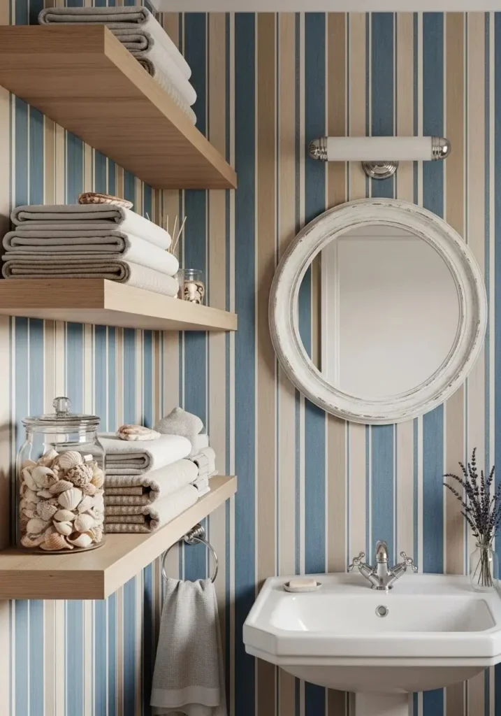 Coastal striped wallpaper in bathroom