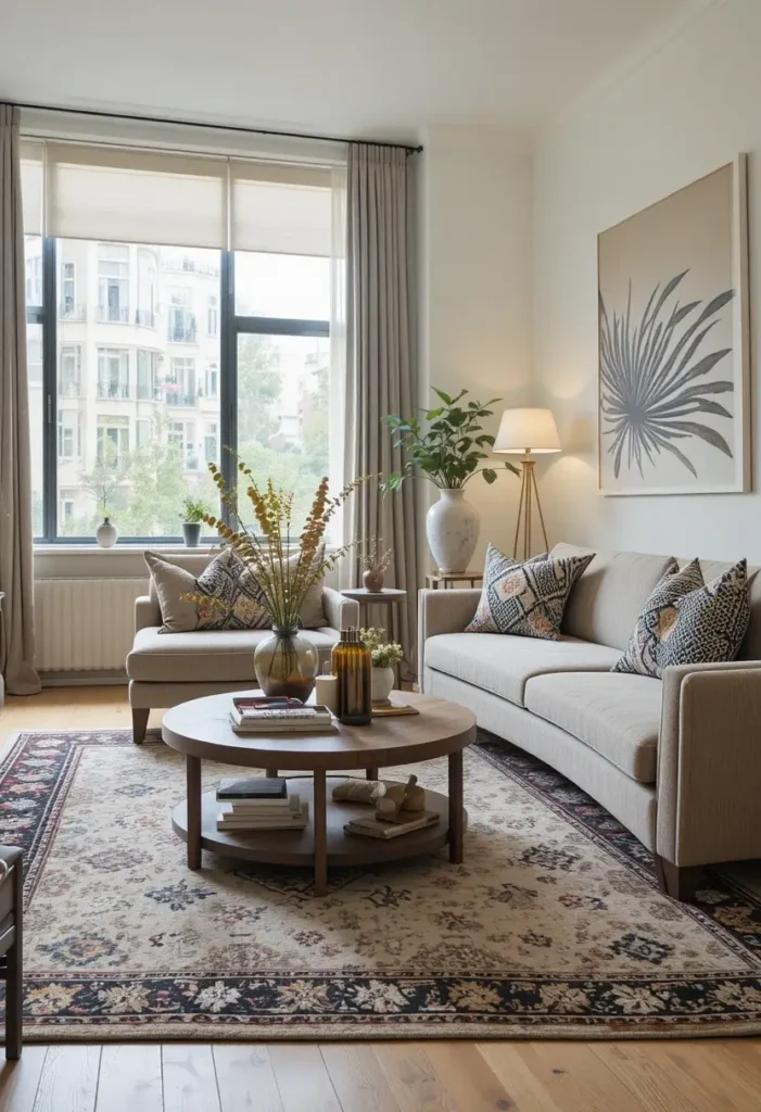 “Living room rug anchoring furniture to define the seating area.”