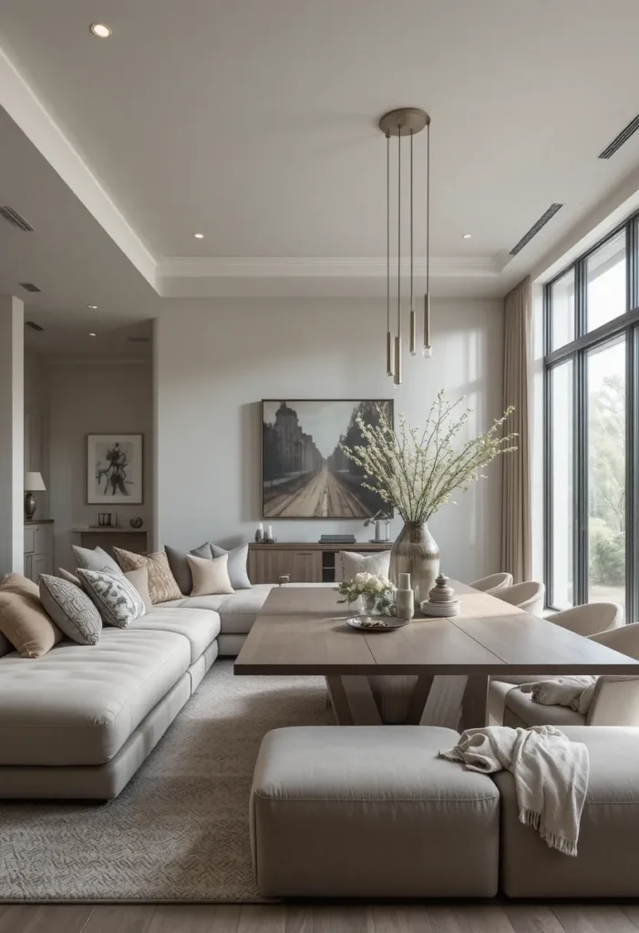 Statement furniture piece anchoring open layout living and dining space