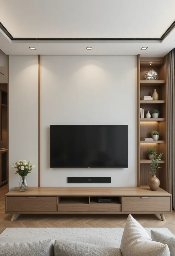 “Living room TV wall with well-proportioned furniture, TV, and décor for a balanced look.