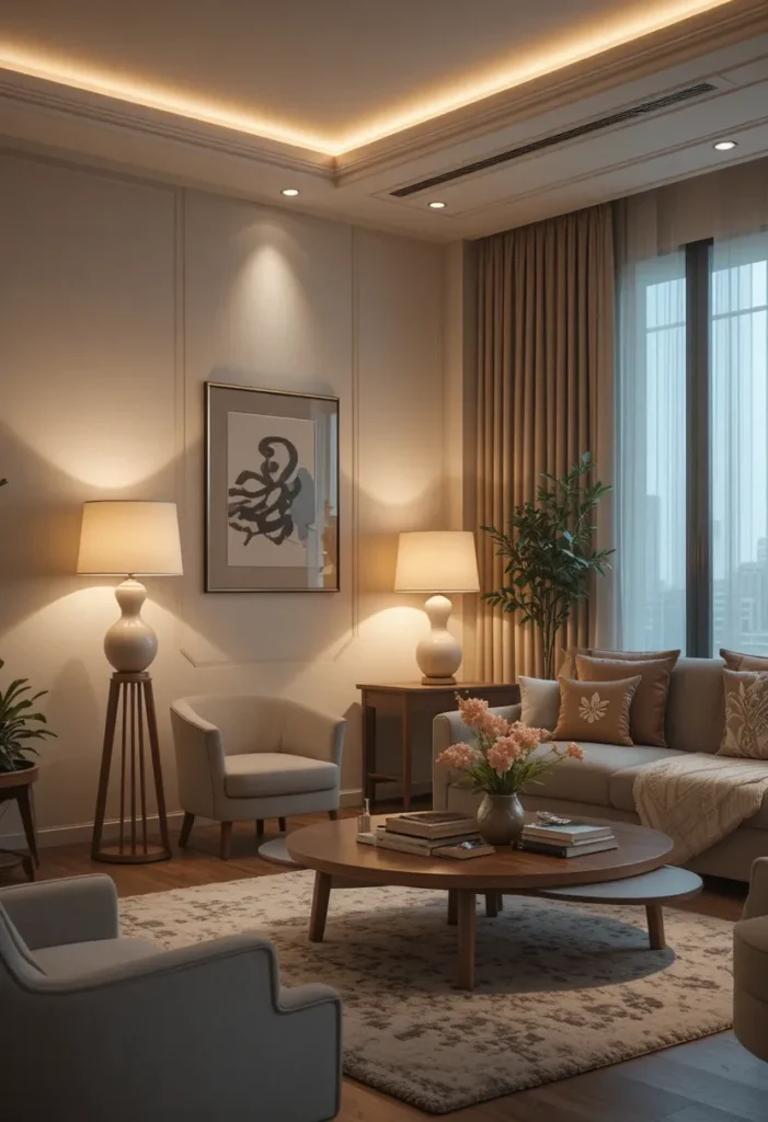 “Layered lighting using floor lamps, table lamps, and overhead lights in a living room.