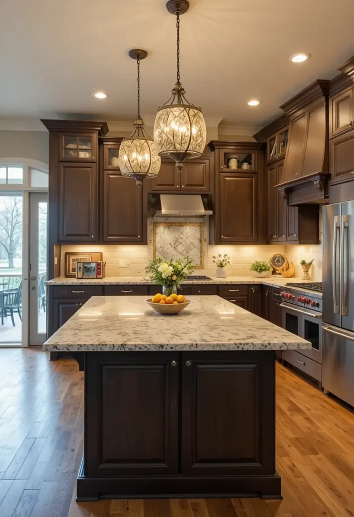Open walkways around a U-shaped kitchen island.