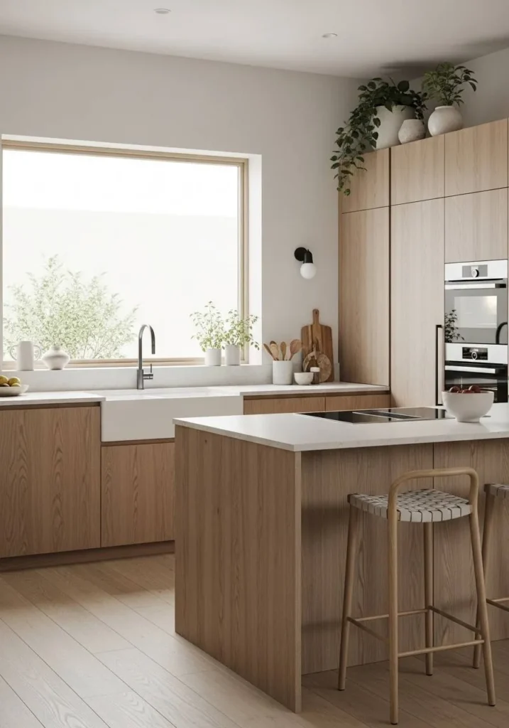 Minimalist flat-panel white oak kitchen cabinets.
