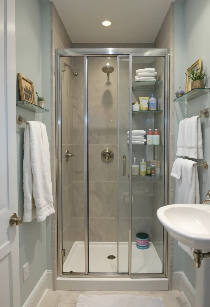 Vertical shelves beside a walk-in shower in a small bathroom to maximize wall storage.