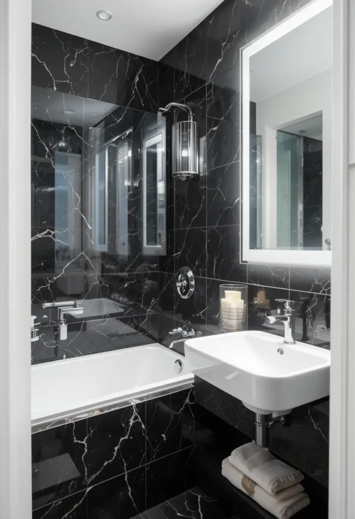 Large mirror near bathtub making a small bathroom feel bigger