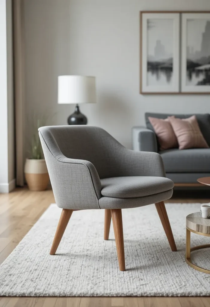 Accent chair with wooden legs in a contemporary living room.