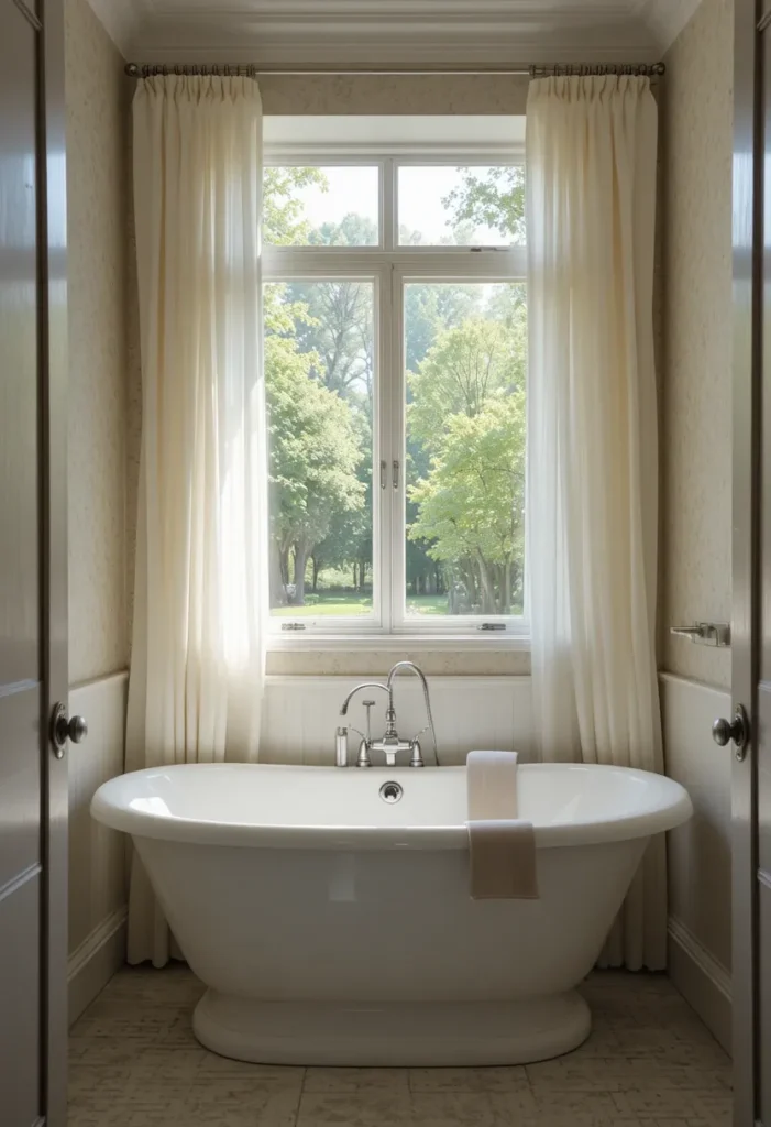Small bathroom tub placed under a window for natural light