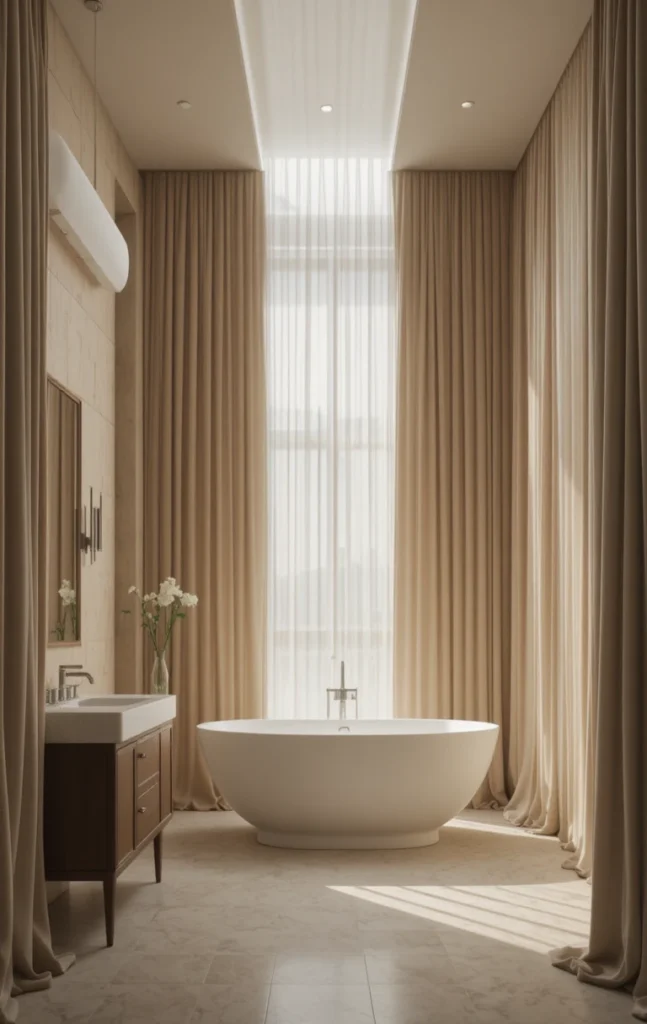 Floor-to-ceiling bathroom curtains creating a sense of height and grandeur.