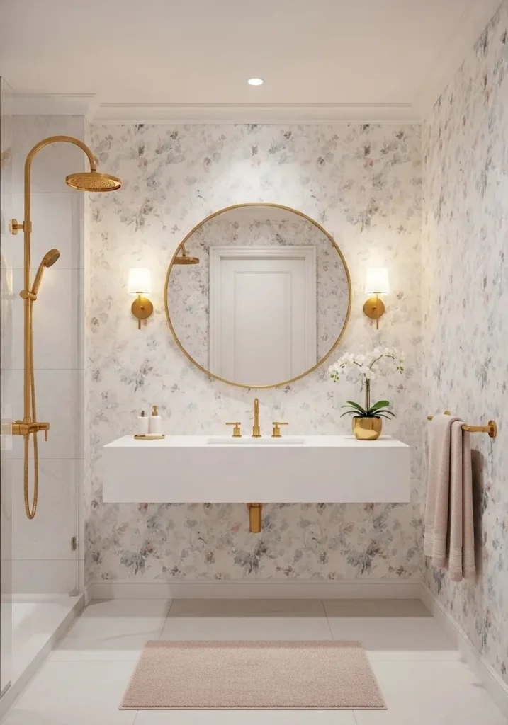 Soft watercolor mural wallpaper in calming bathroom