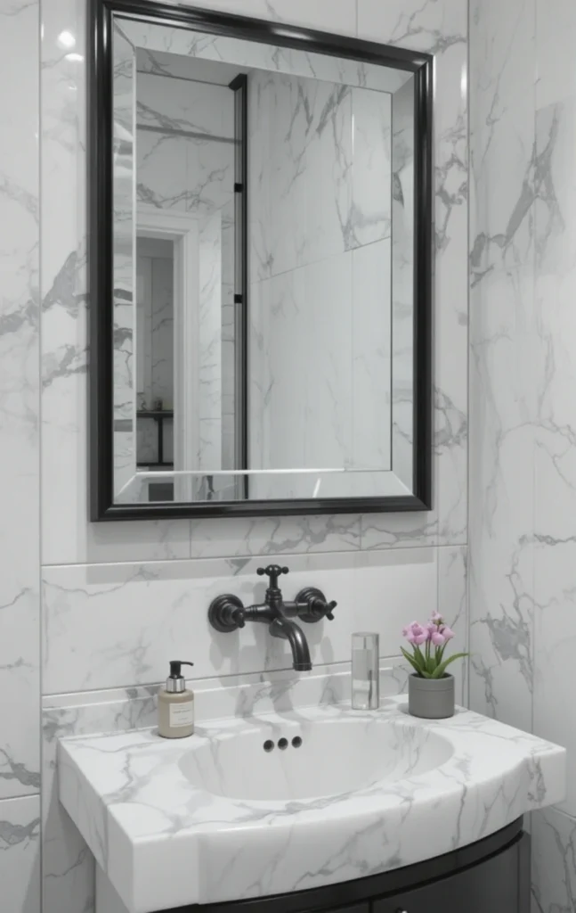 White bathroom walls with black mirror and faucet accents