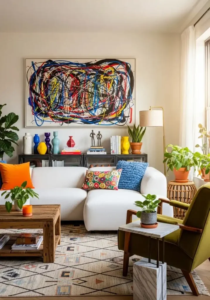 Eclectic living room with white couch and bold artwork.