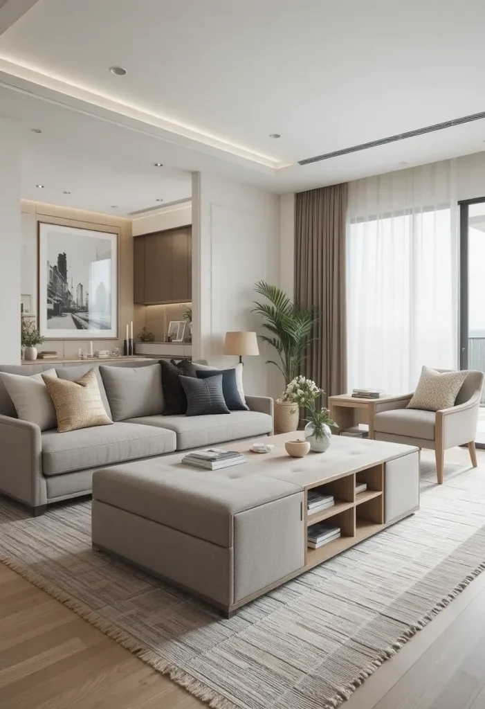 “Apartment living room with multifunctional furniture like storage ottomans and coffee tables with shelves.