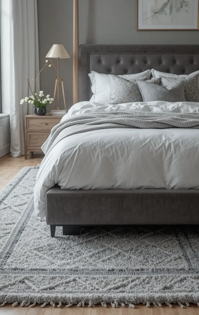 Black and silver accent rug in bedroom adding warmth and pattern