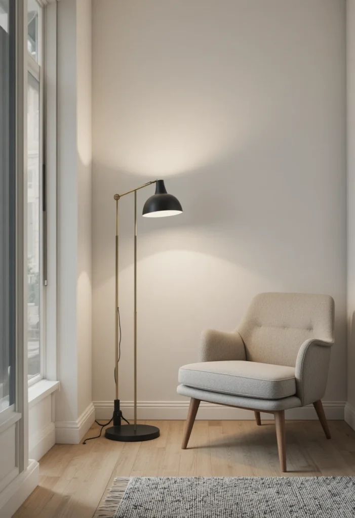 Slim minimalist floor lamp beside armchair in small living room