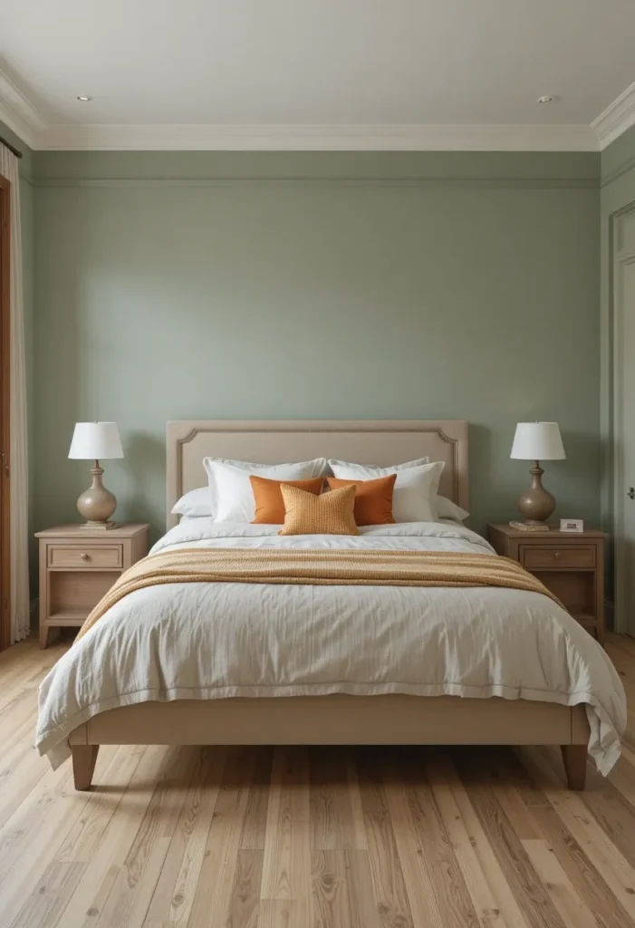 Green and orange bedroom showing balanced wall and floor colors for harmony