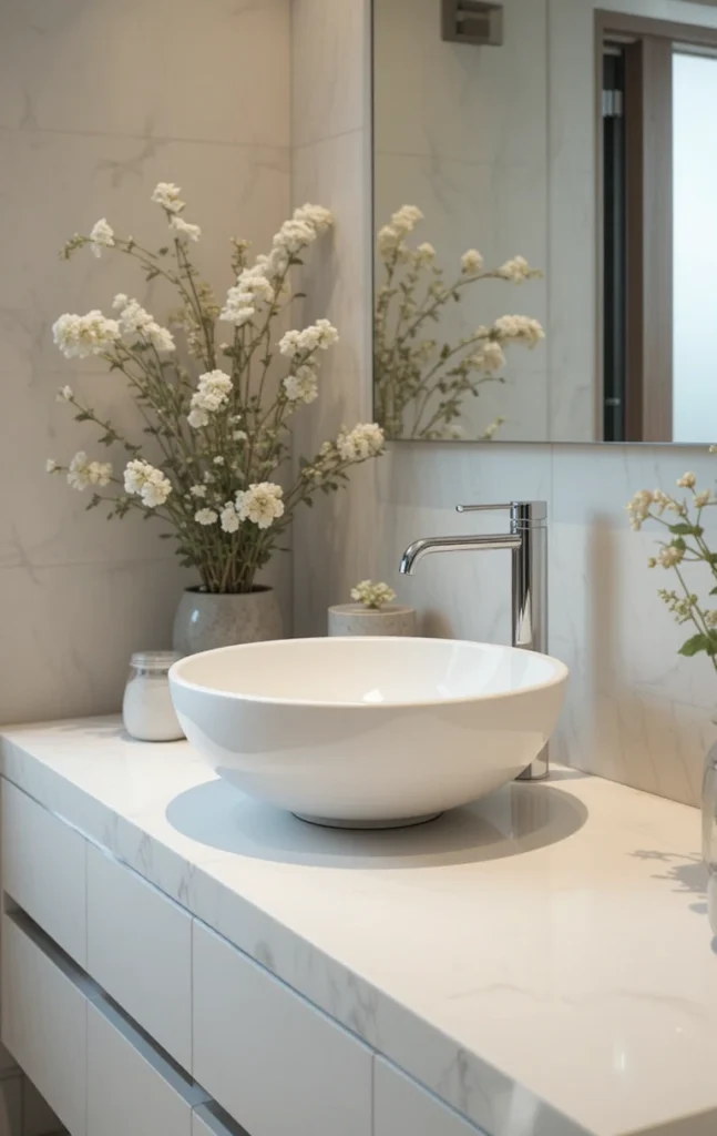 Vessel sink on countertop adding height and visual interest.