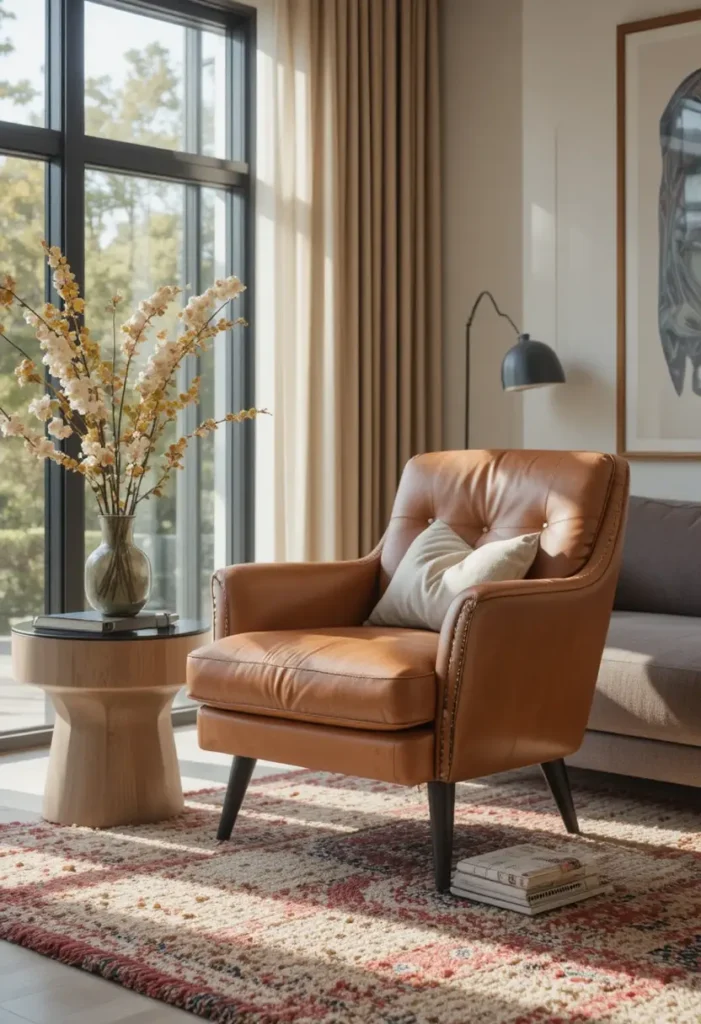 Cognac leather accent chair adding warmth to a modern living room.
