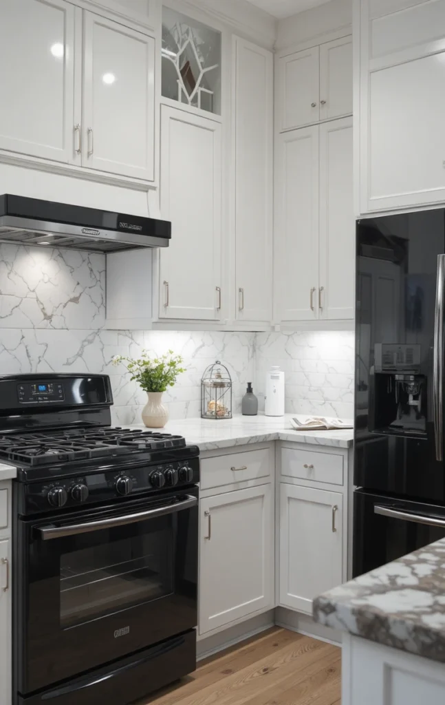 Black appliances contrasted with light quartz countertops in a bright kitchen.
