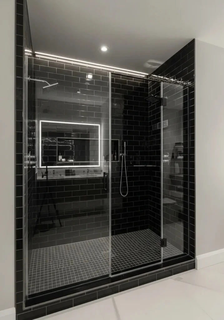 Black tile shower with glass doors.