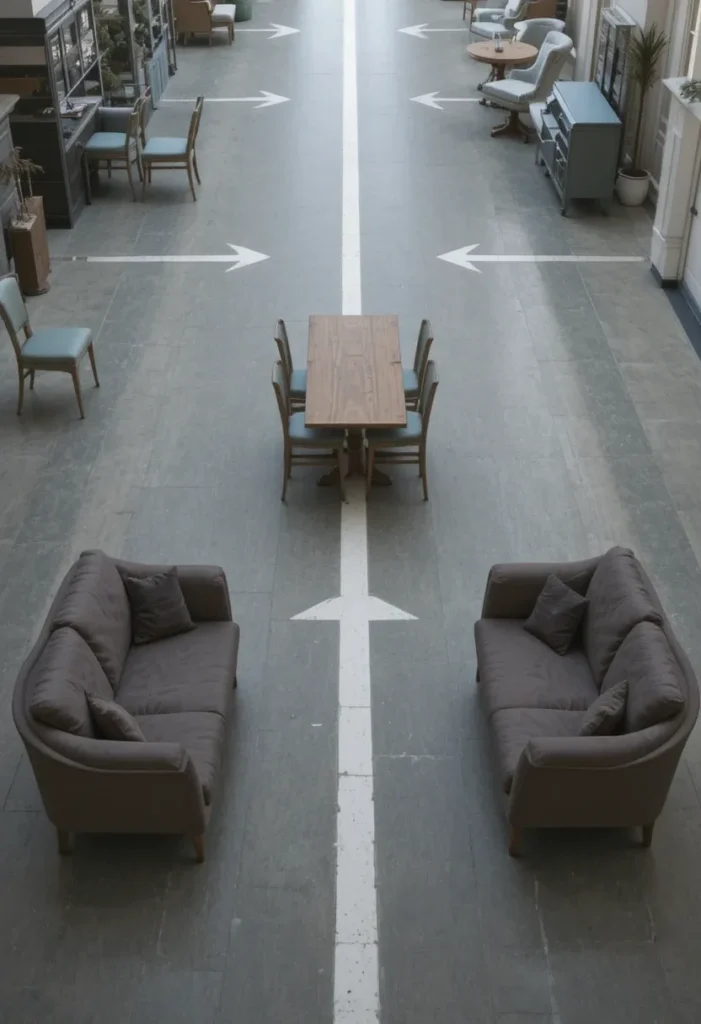 Furniture layout creating smooth flow in open living and dining room