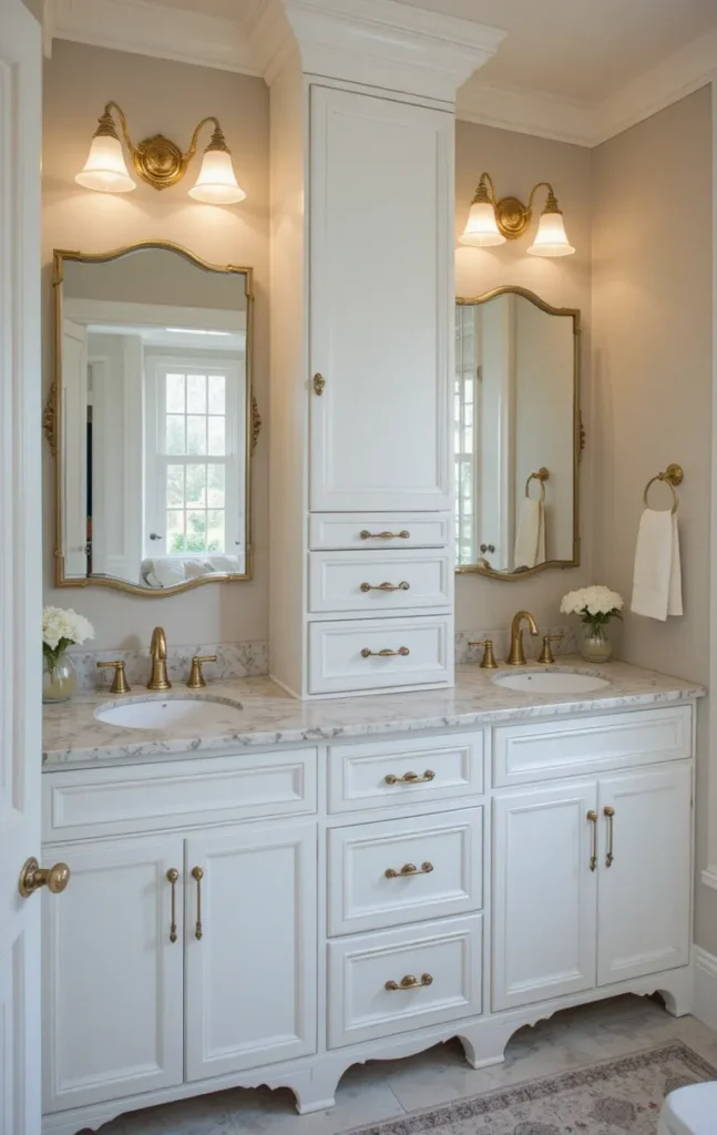 White vanity with brass handles and tidy countertop