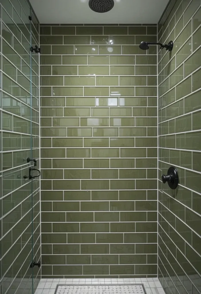 Glossy olive green subway tiles in a modern bathroom shower with white grout.