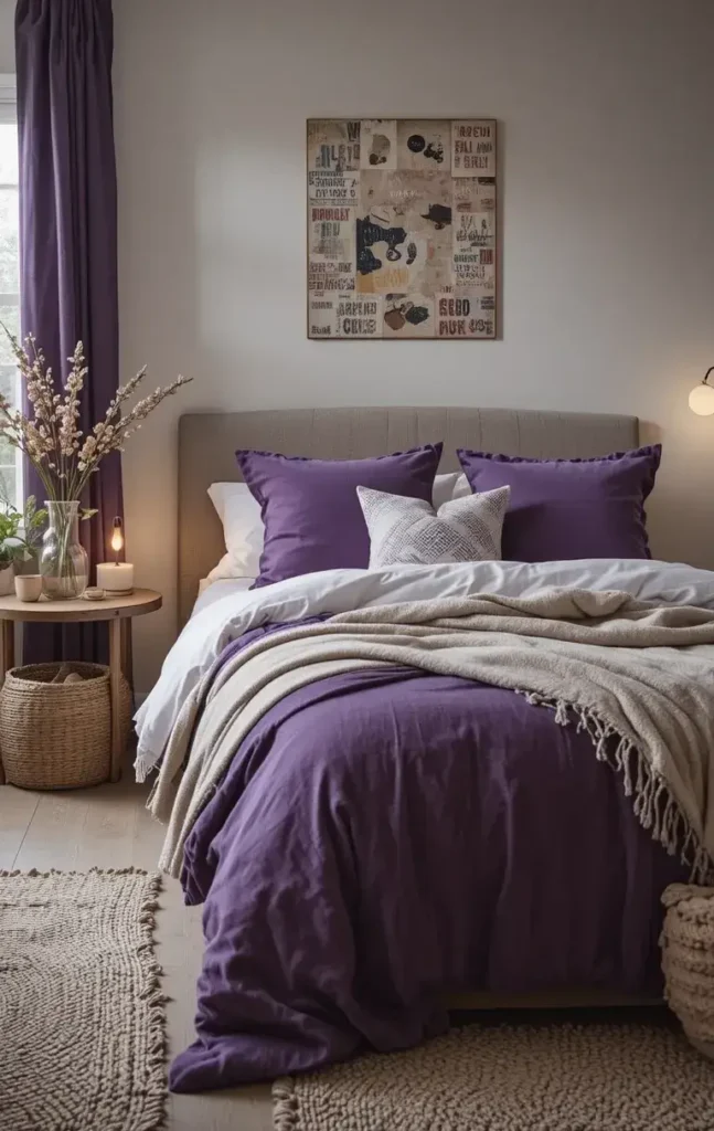 Purple bedroom with layered textures and cozy fabrics.