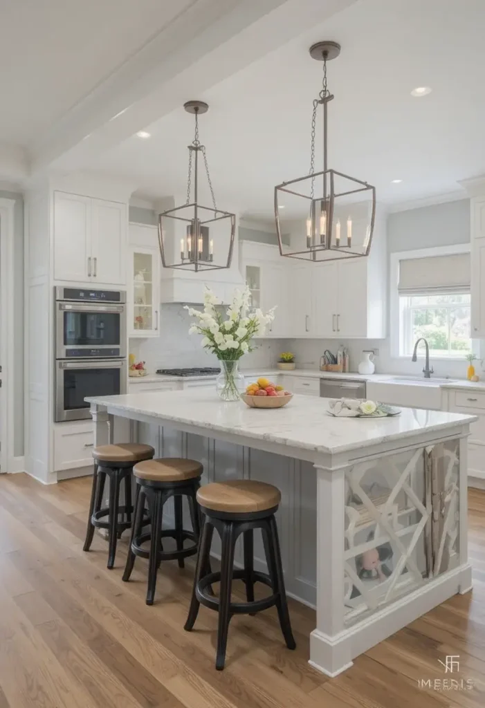 Multi-functional seating at a kitchen island.