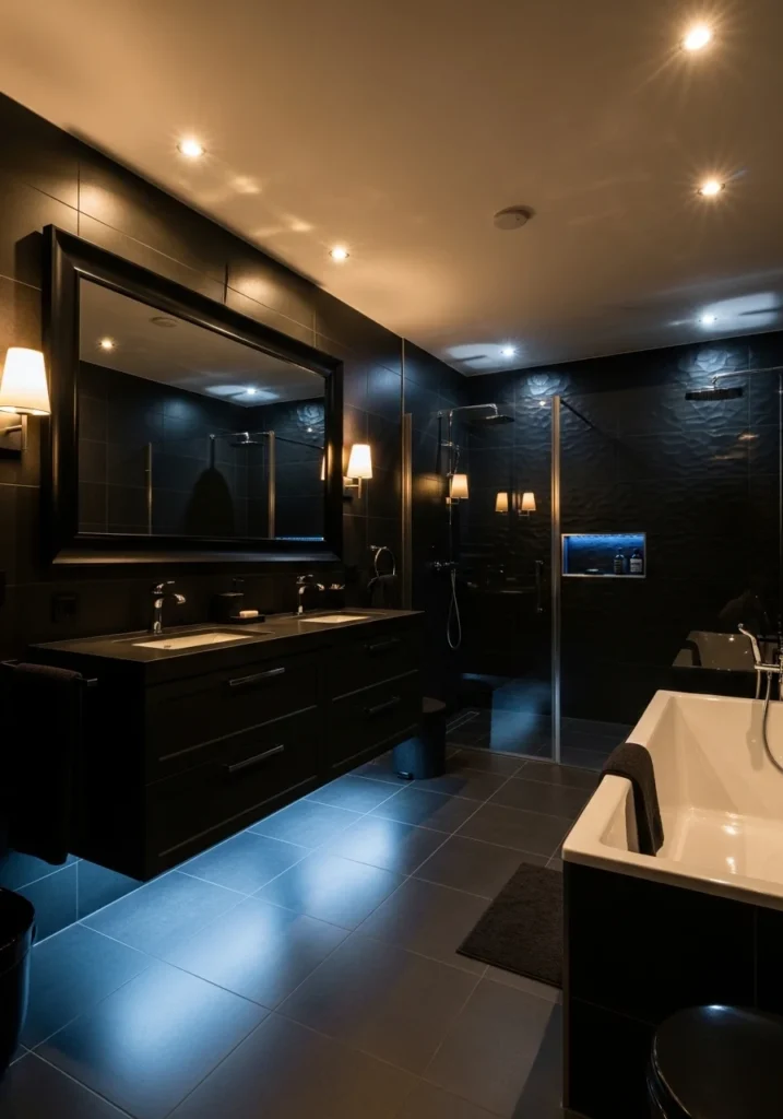 All-black bathroom with layered lights
