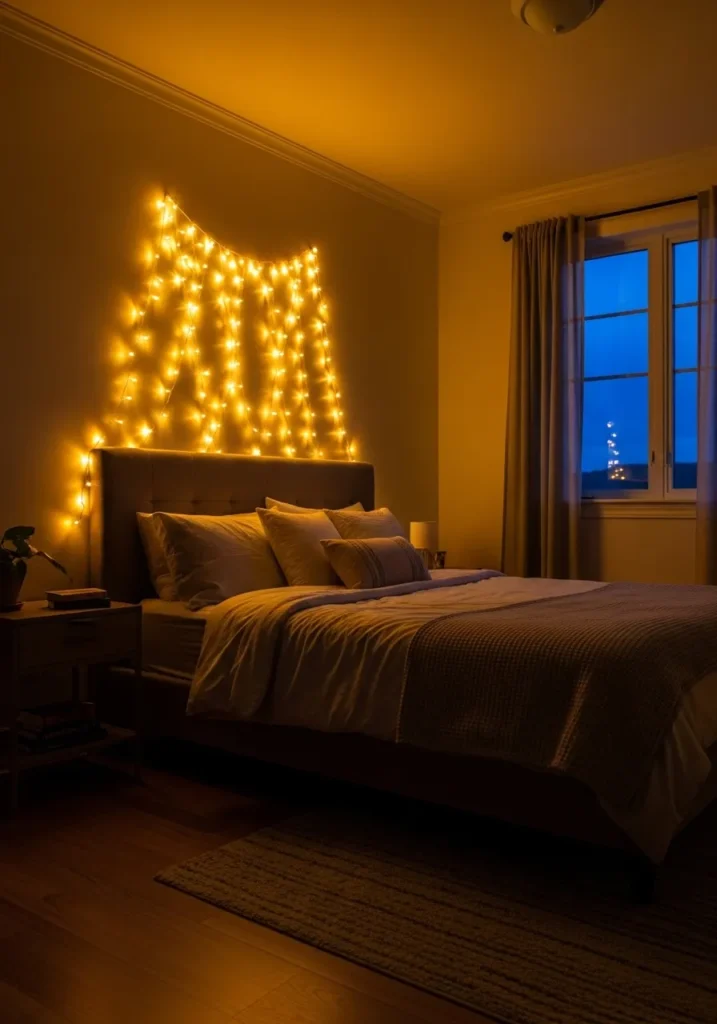Full bedroom with warm string lights on headboard.