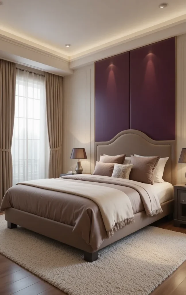 Bedroom with deep plum accent wall and neutral decor.