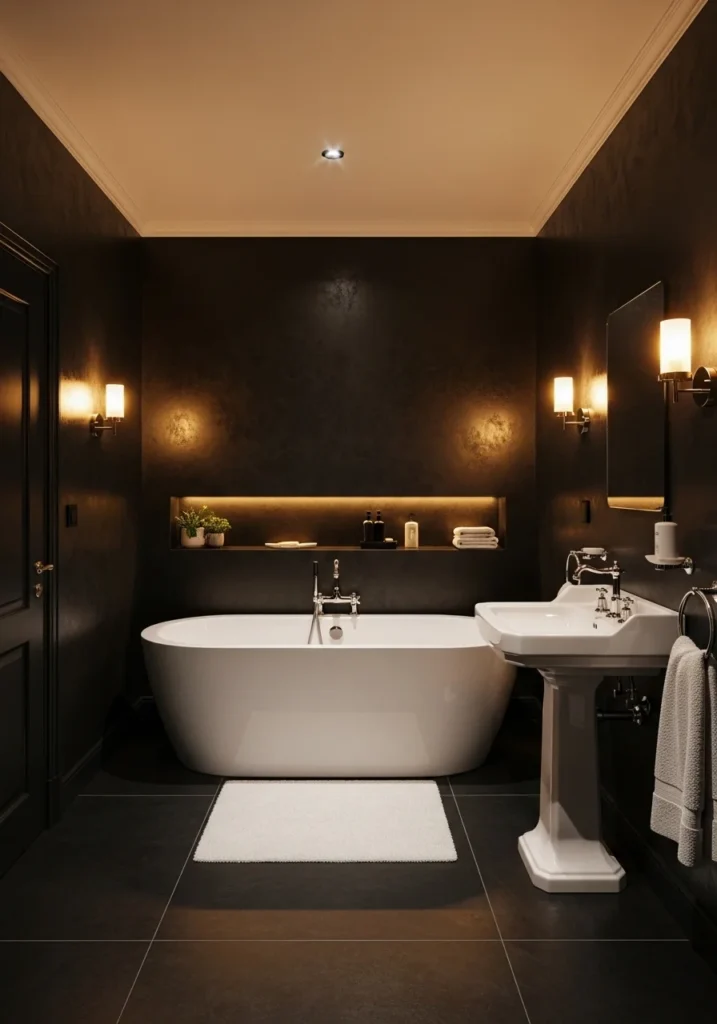 Black walls with white tub and sink